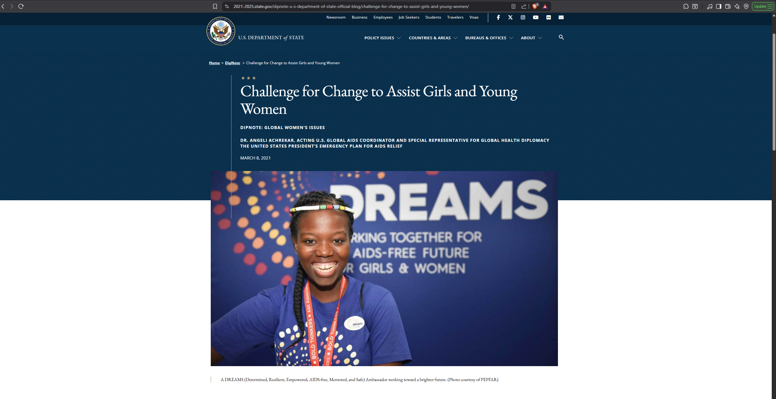 U.S. Department of State article 'Challenge for Change to Assist Girls and Young Women', illustrated with Jonathan's DREAMS photograph, credited courtesy of PEPFAR